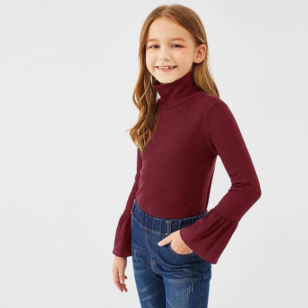 

Girls High Neck Rib-knit Flounce Sleeve Top