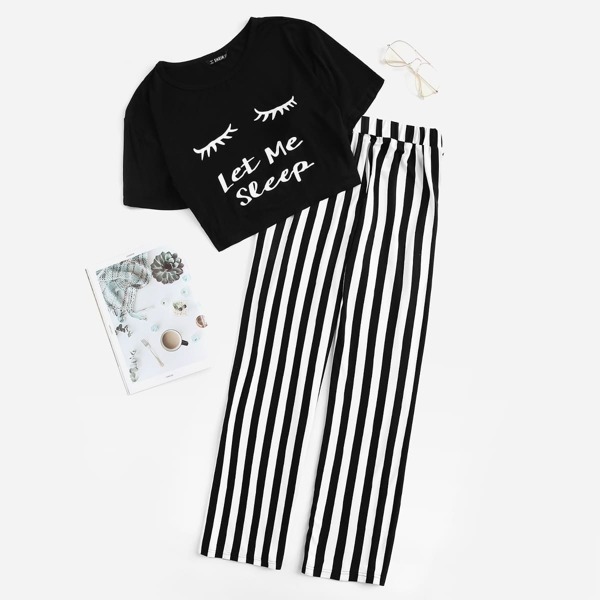 

Graphic Crop Tee & Striped Pants Set, Black and white