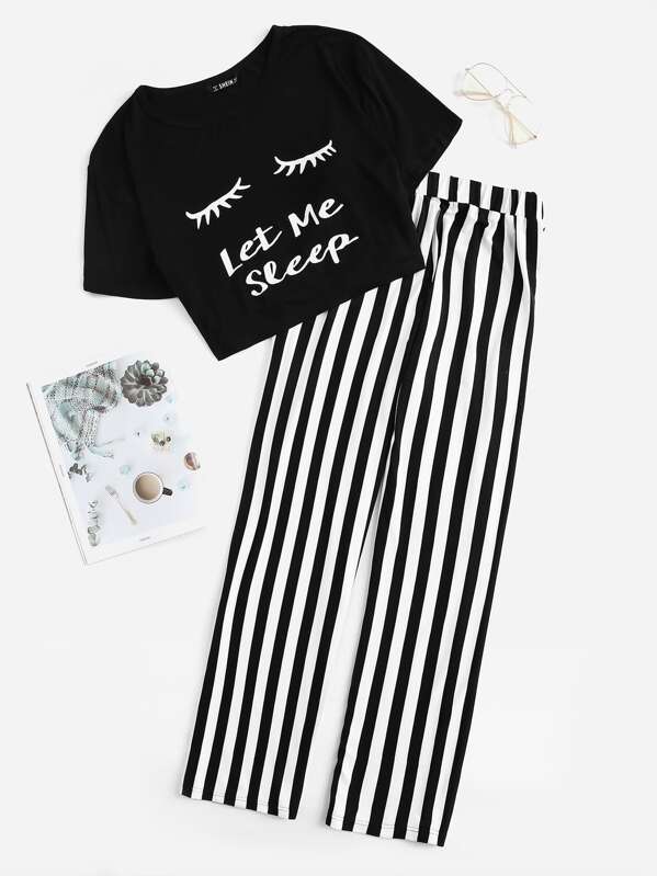

Graphic Crop Tee & Striped Pants Set, Black and white