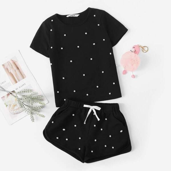 

Girls Pearl Beaded Tee & Dolphin Shorts Set, Black