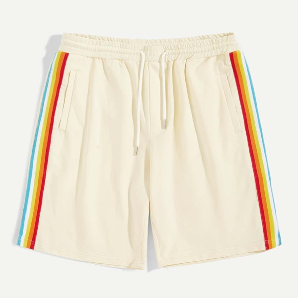 

Men Rainbow Striped Tape Elastic Waist Shorts, Beige