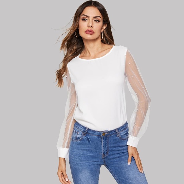

Pearl Beaded Sheer Mesh Sleeve Top