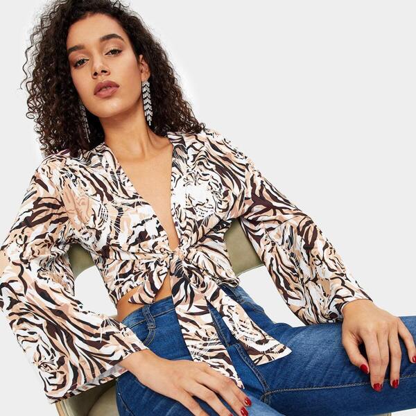 

Tiger Print Bell Sleeve Knot Hem Top