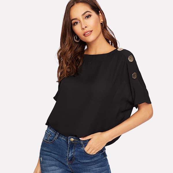 

Buttoned Embellished Batwing Sleeve Top