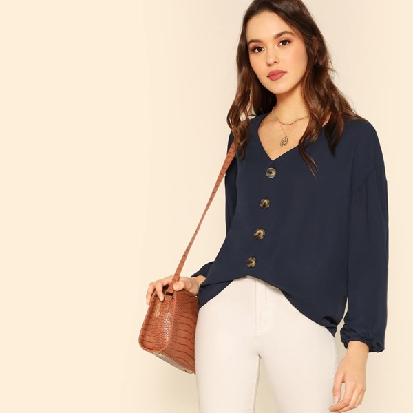 

Button Through Blouson Sleeve Top, Navy
