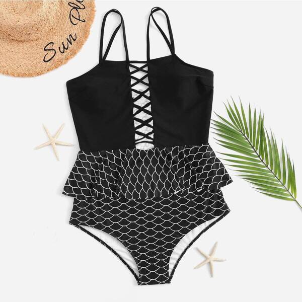 

Plus Criss Cross Fish-scale Peplum One Piece Swim, Black and white