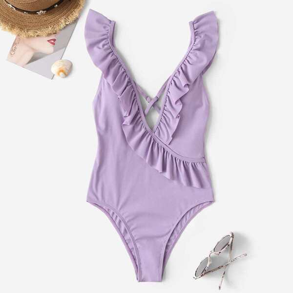 

Crisscross Back Ruffle Trim One Piece Swimsuit