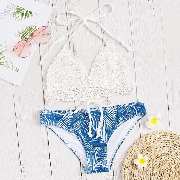 

Knot Crochet Top With Random Palm Leaf Bikini Set, Multicolor