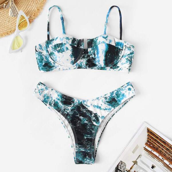 

Random Tie-dye Bustier Top With High Cut Bikini Set