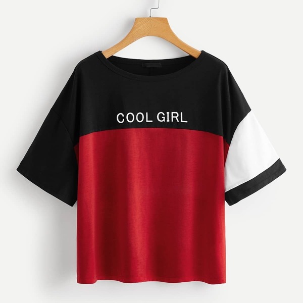 

Plus Letter Graphic Color-block T-shirt, Multicolor