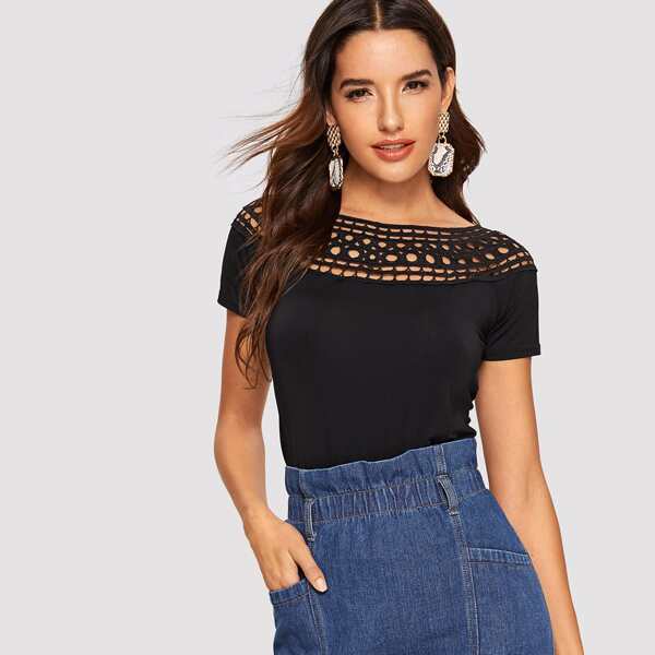 

Guipure Lace Yoke Top, Black