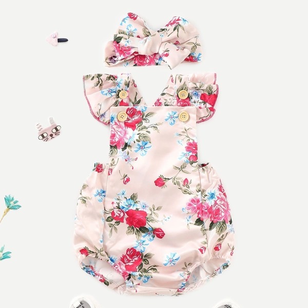 

Baby Floral Print Ruffle Straps Jumpsuit With Headband