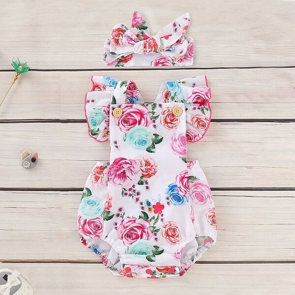 

Baby Floral Print Ruffle Straps Jumpsuit With Headband