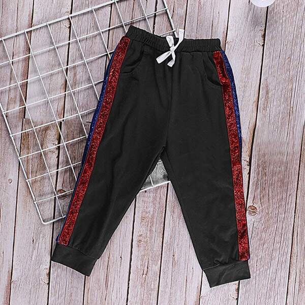 

Toddler Girls Contrast Sequin Side Knot Front Pants, Black