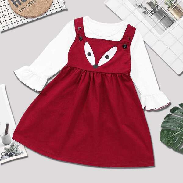 

Toddler Girls Flounce Sleeve Tee With Cartoon Print Pinafore