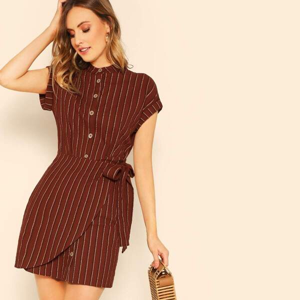 

Rolled Sleeve Button Through Wrap Striped Dress, Brown