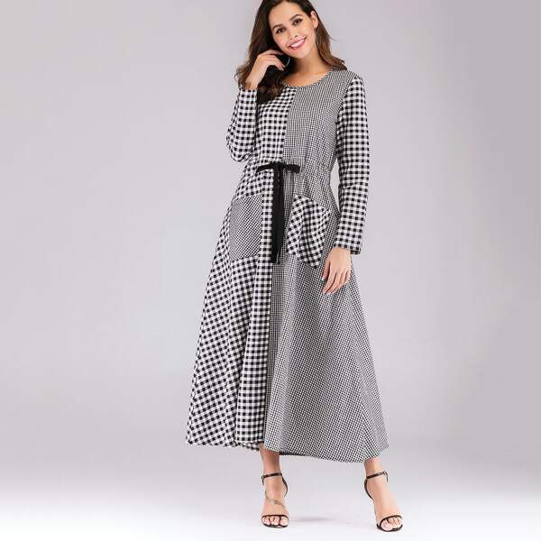 

Contrast Gingham Drawstring Waist Dress
