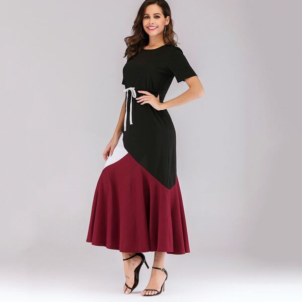 

Color Block Drawstring Waist Dress