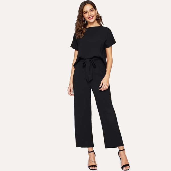 

Plain Blouse & Waist Tie Wide Leg Pants, Black