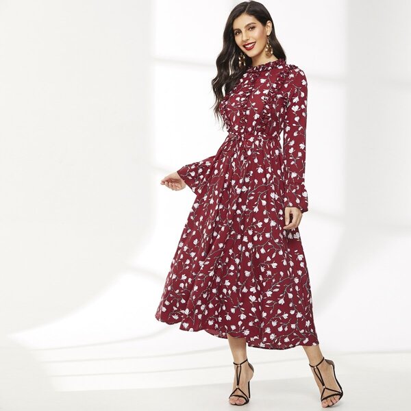 

Floral Print Flounce Sleeve Ruched Dress, Red