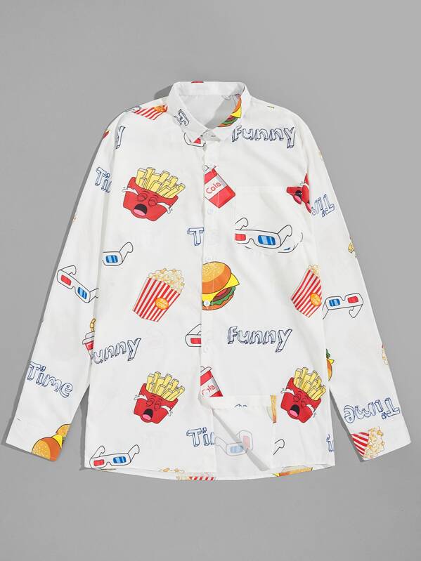 

Men Fast Food Print Pocket Front Shirt, White