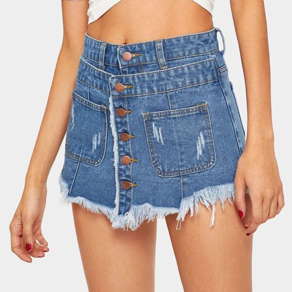 

2 In 1 Whiskering Detail Button Front Denim Skort