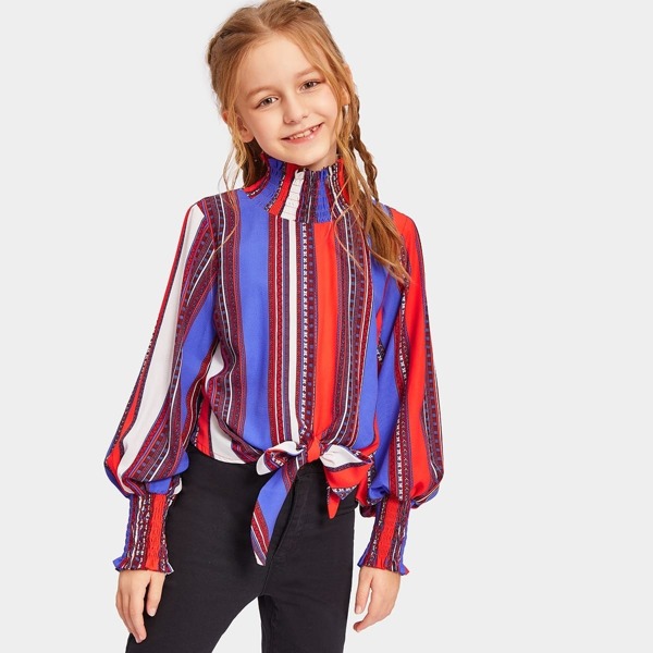 

Girls Smocked Neckline Bishop Sleeve Knotted Top, Multicolor