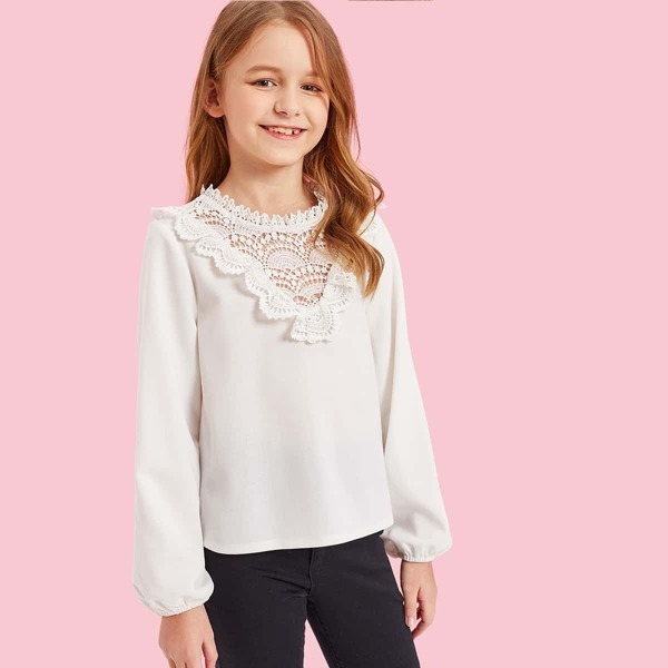 

Girls Lace Insert Cutout Solid Top, White