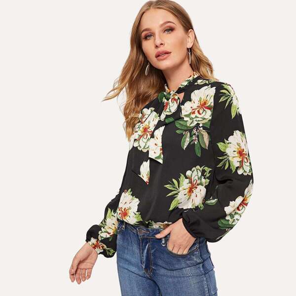

Tie Neck Lantern Sleeve Floral Top