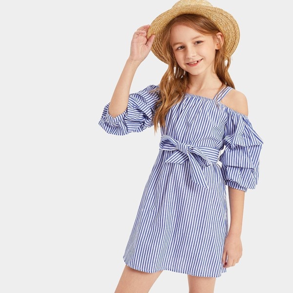 

Girls Gathered Sleeve Belted Striped Dress