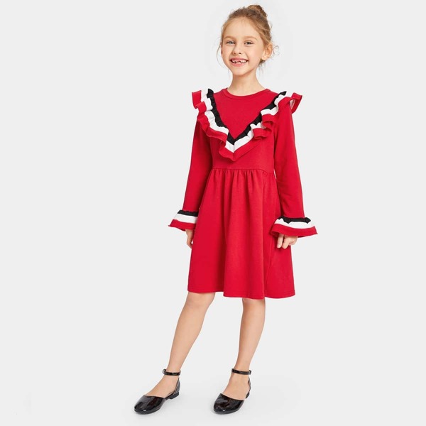 

Girls Color-block Ruffle Embellished Dress