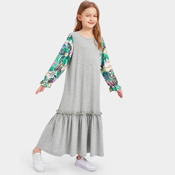 

Girls Chain Print Sleeve Ruffle Hem Maxi Dress, Multicolor
