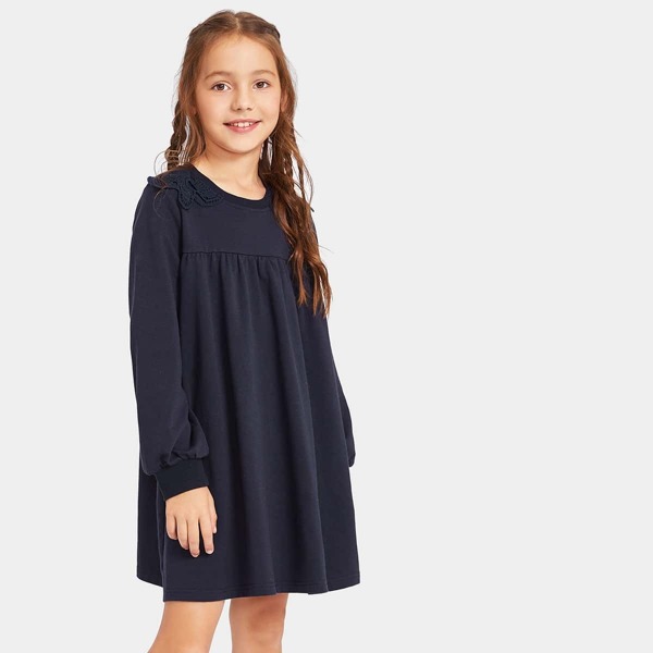

Girls Lace Trim Pleated Dress, Navy