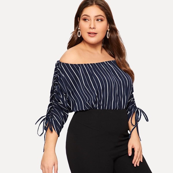 

Plus Striped Drawstring Sleeve Off Shoulder Blouse, Navy