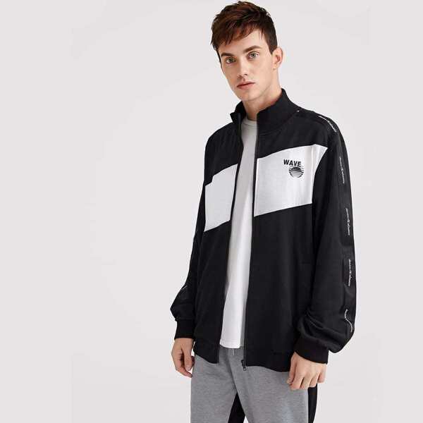 

Men Zip Up Color Block Letter & Graphic Print Jacket