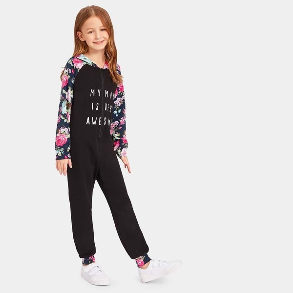 

Girls Floral Print Raglan Sleeve Hooded Sweat Jumpsuit, Black