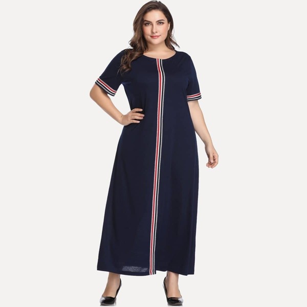 

Plus Contrast Striped Dress, Navy