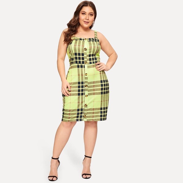

Plus Button Front Plaid Cami Dress