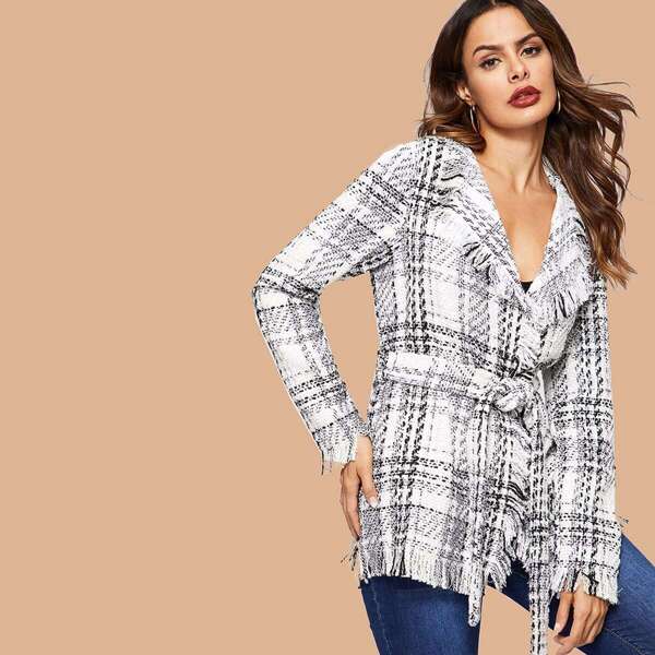 

Frayed Trim Belted Tweed Plaid Coat