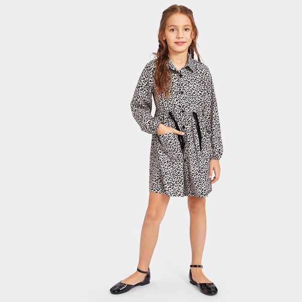 

Girls Waist Drawstring Leopard Print Shirt Dress, Multicolor