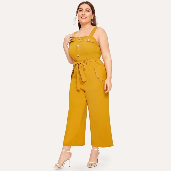 

Plus Button Front Belted Cami Jumpsuit