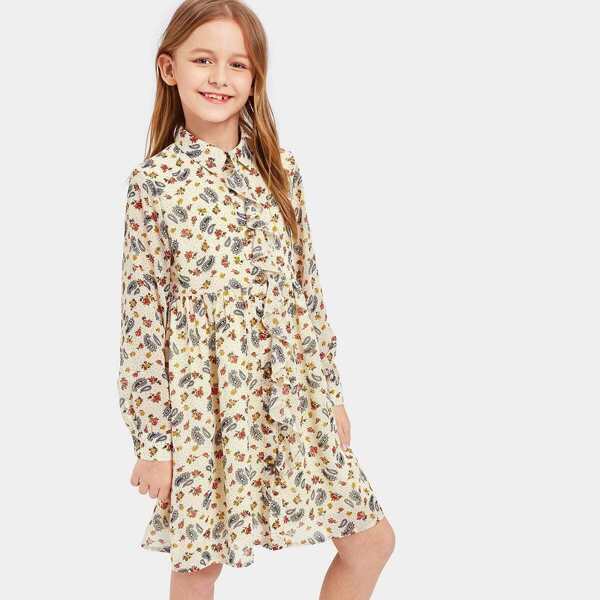 

Girls Ruffle Front Floral Flared Dress
