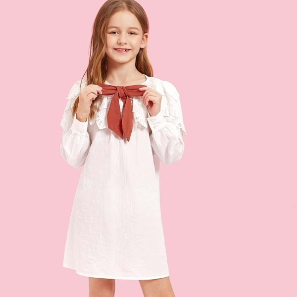 

Girls Layered Lace Ruffle Bow Front Dress, White