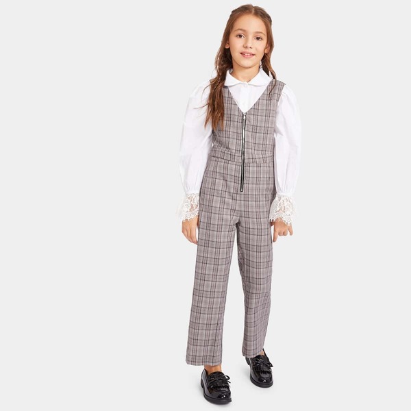 

Girls Zip Up V-Back Plaid Jumpsuit, Grey