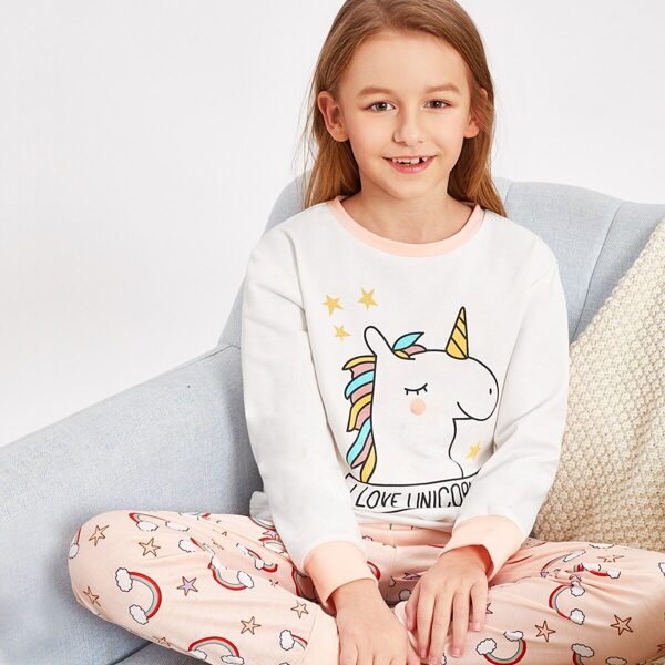 

Girls Unicorn Print Pullover & Rainbow Pants PJ Set