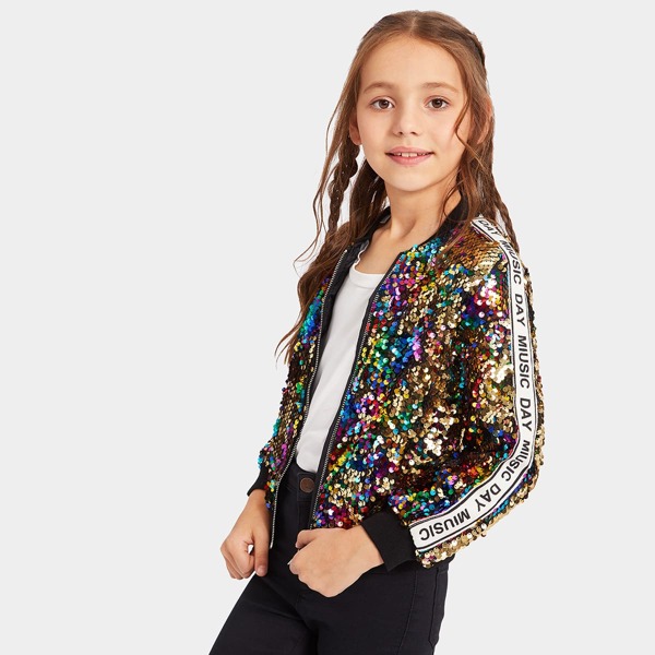 

Girls Contrast Letter Tape Side Sequin Jacket
