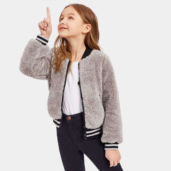 

Girls Zip Up Striped Cuff & Hem Faux Fur Bomber Jacket