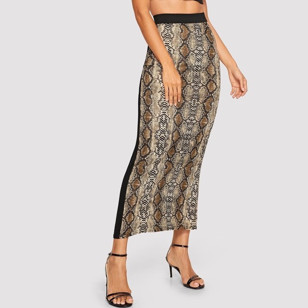 

Contrast Panel Side Snake Print Skirt, Multicolor