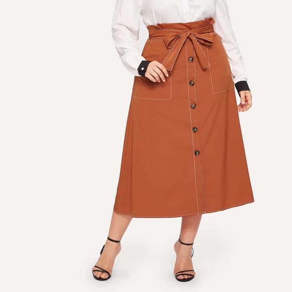 

Plus Button Through Belted Paperbag Skirt, Orange