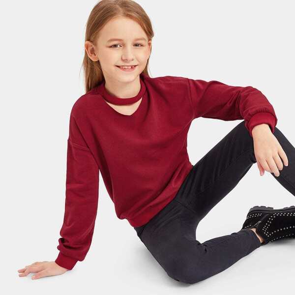 

Girls Choker Neck Drop Shoulder Solid Pullover, Burgundy